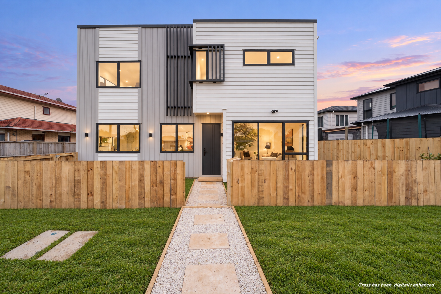 Street-facing view of the completed eight-home development at 166 Princes Street East in Ōtāhuhu