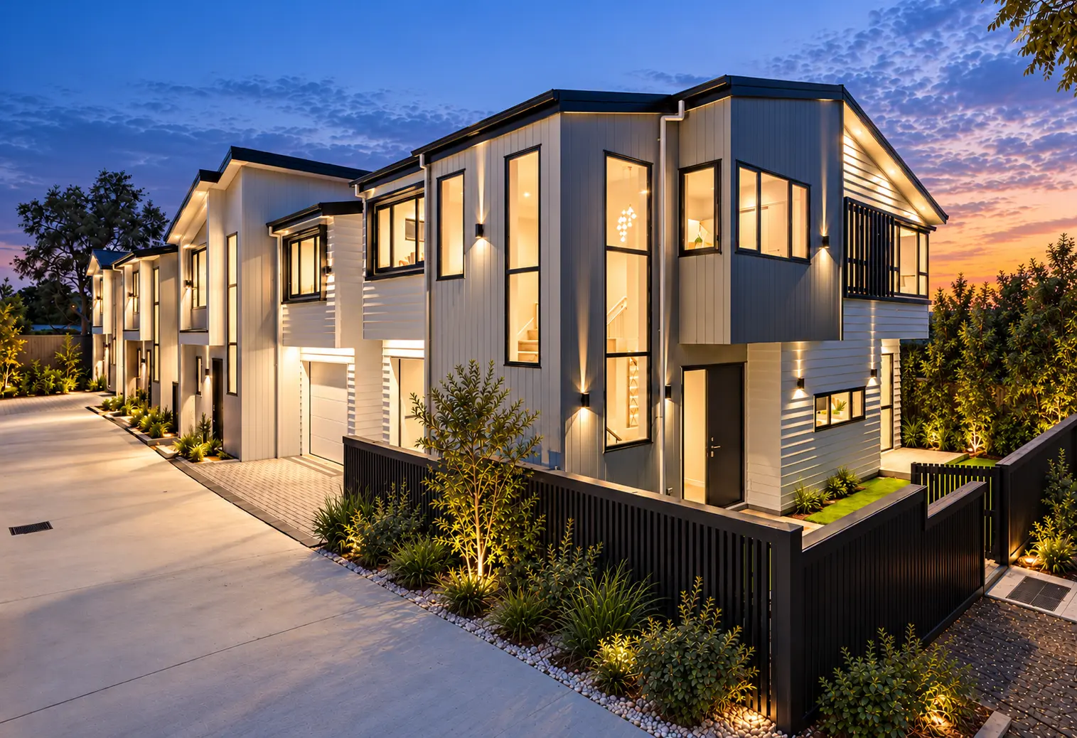 Dusk view along the completed four-home development at 29 Prince Regent Drive in Half Moon Bay