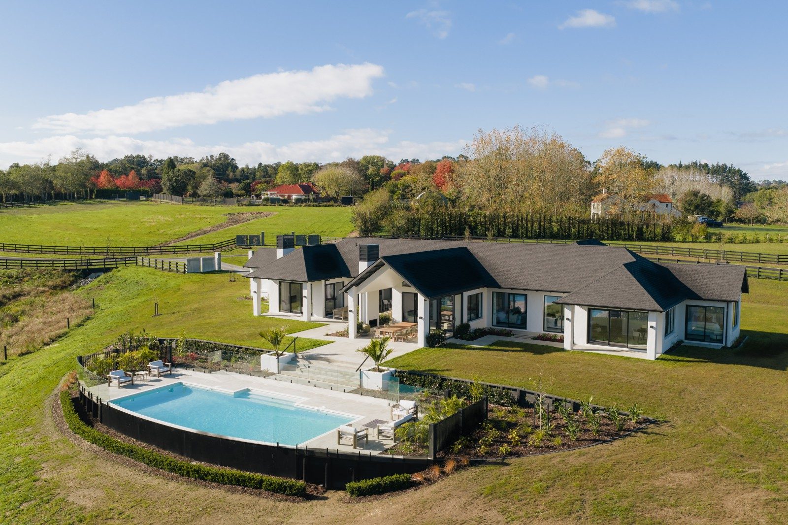 Aerial overview of the home, pool and landscape