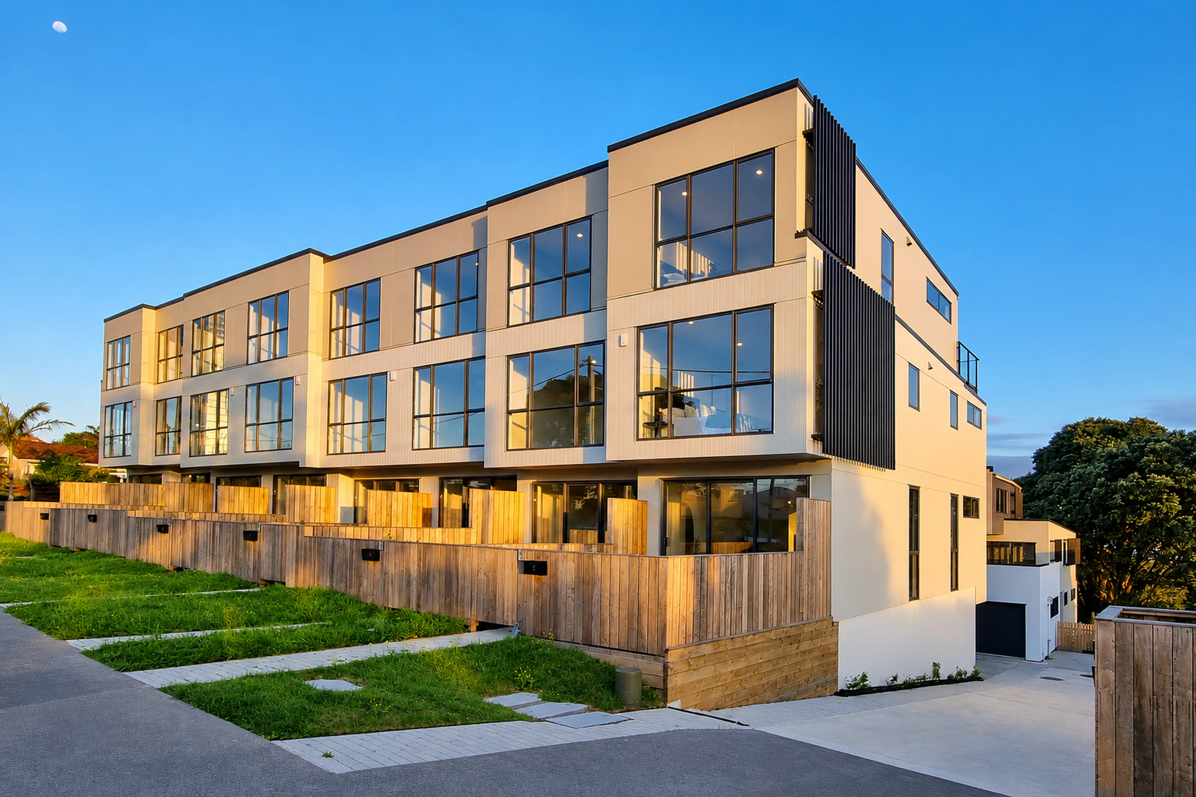 Corner view of the Byron Avenue terraces with landscaped street frontage