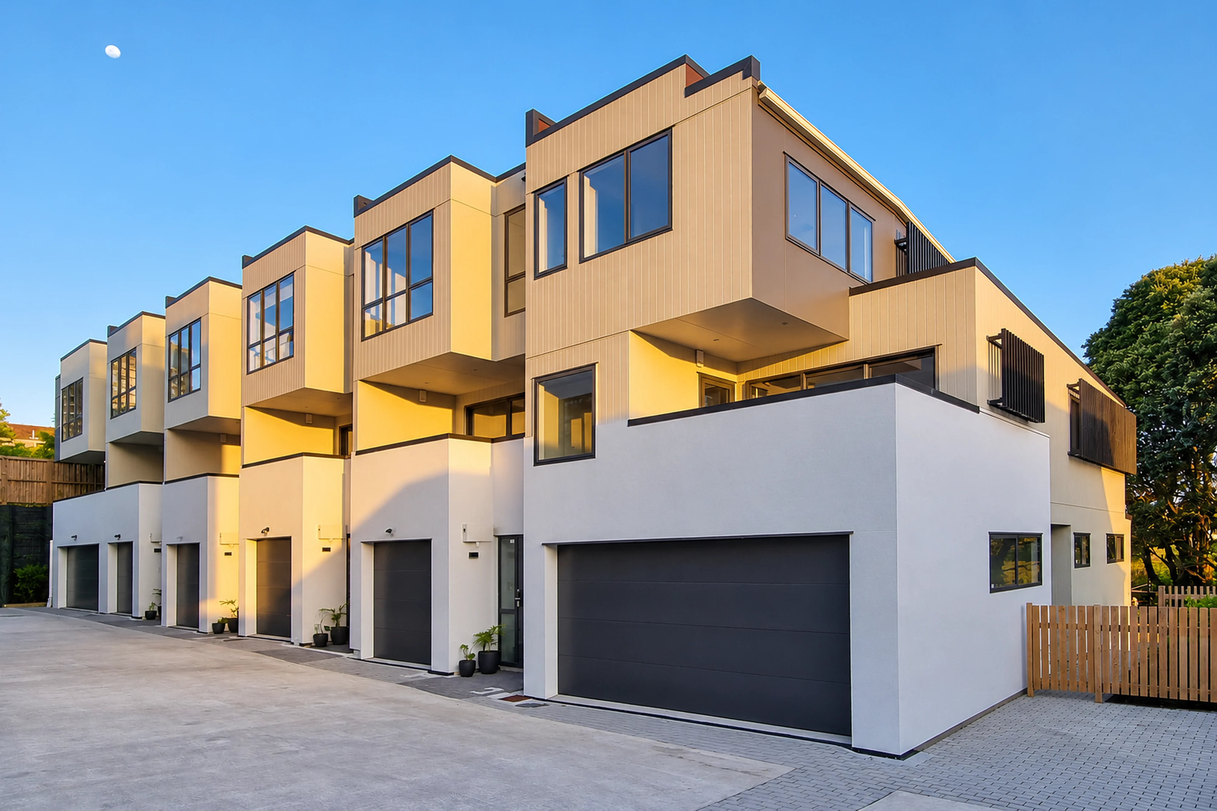 Homes and garages along the shared internal access at Wai Court