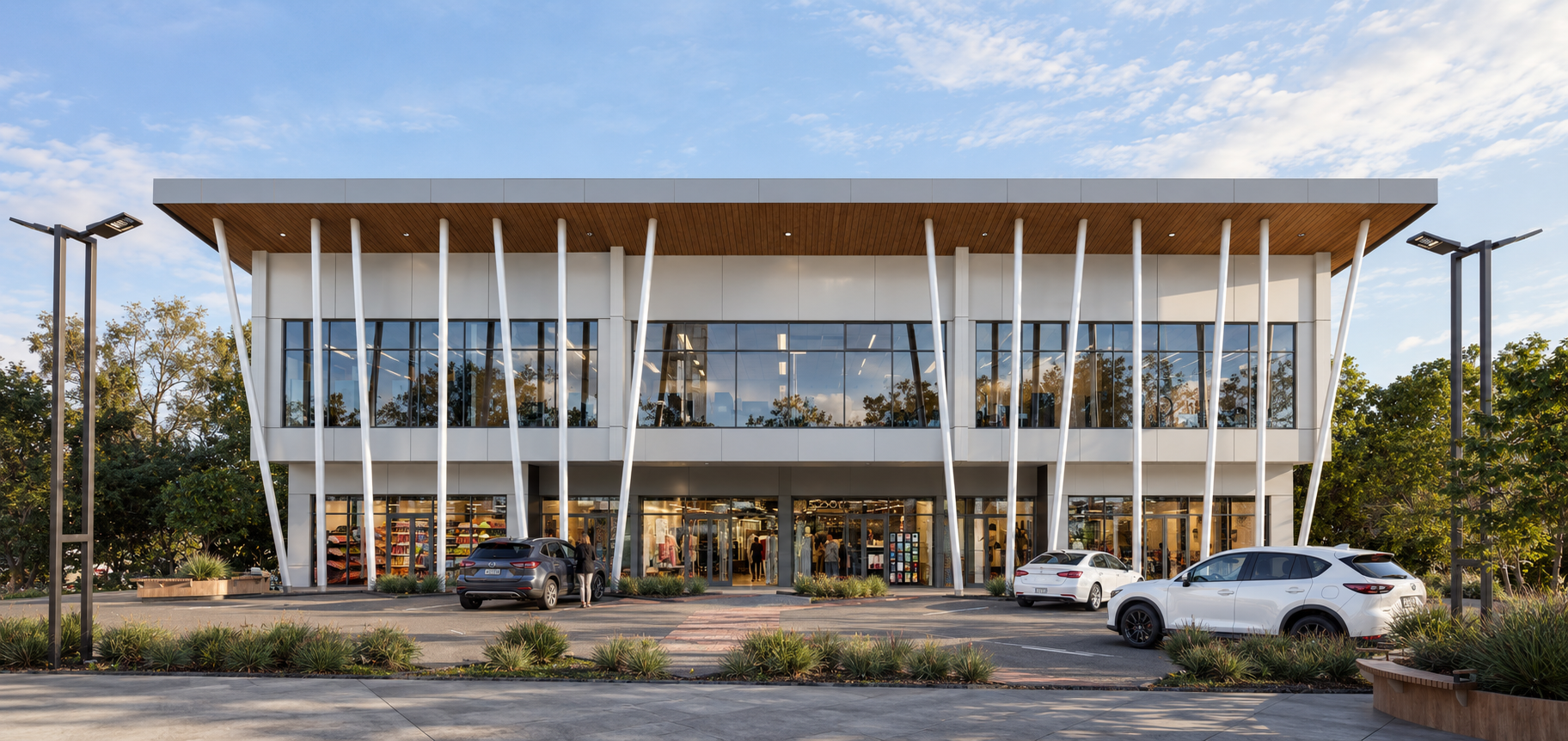 Daylight render of the two-storey mixed-use commercial development on Dairy Flat Highway