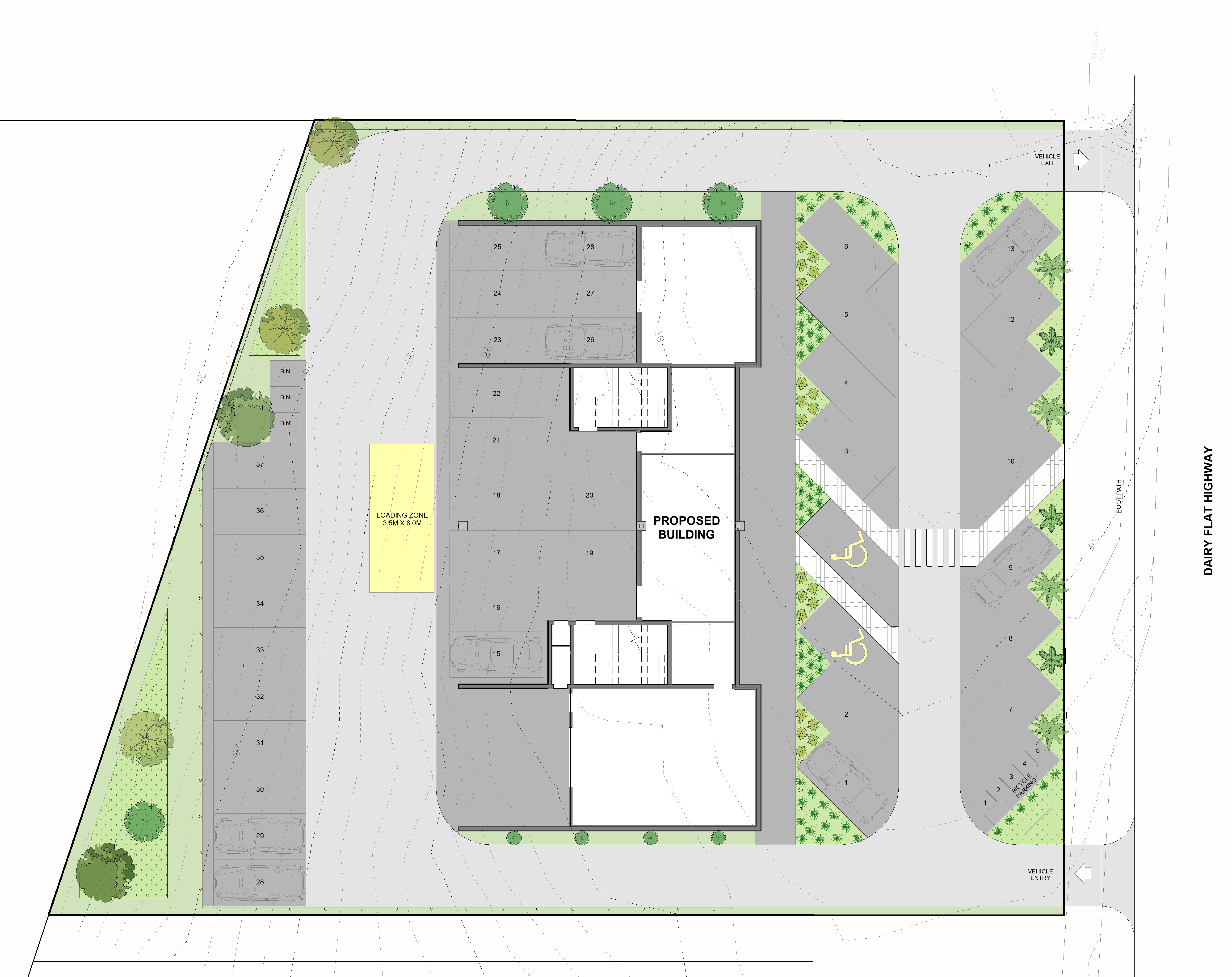 Site plan showing the Dairy Flat Highway commercial development and parking layout
