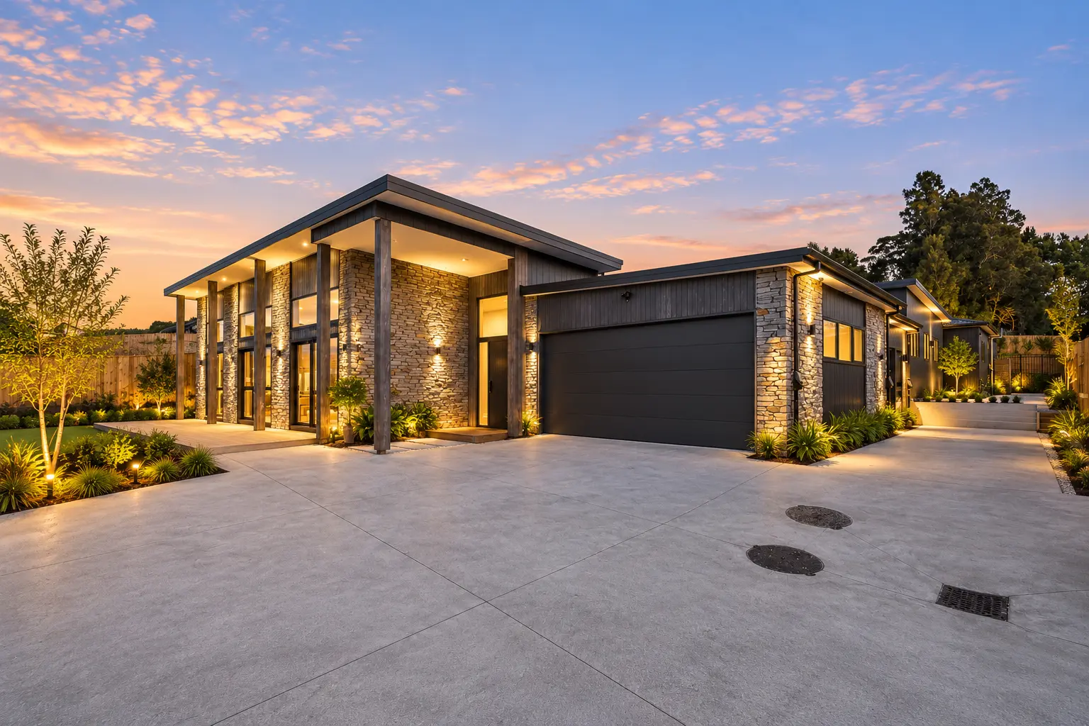 Wide dusk view of the stone-clad residence and driveway