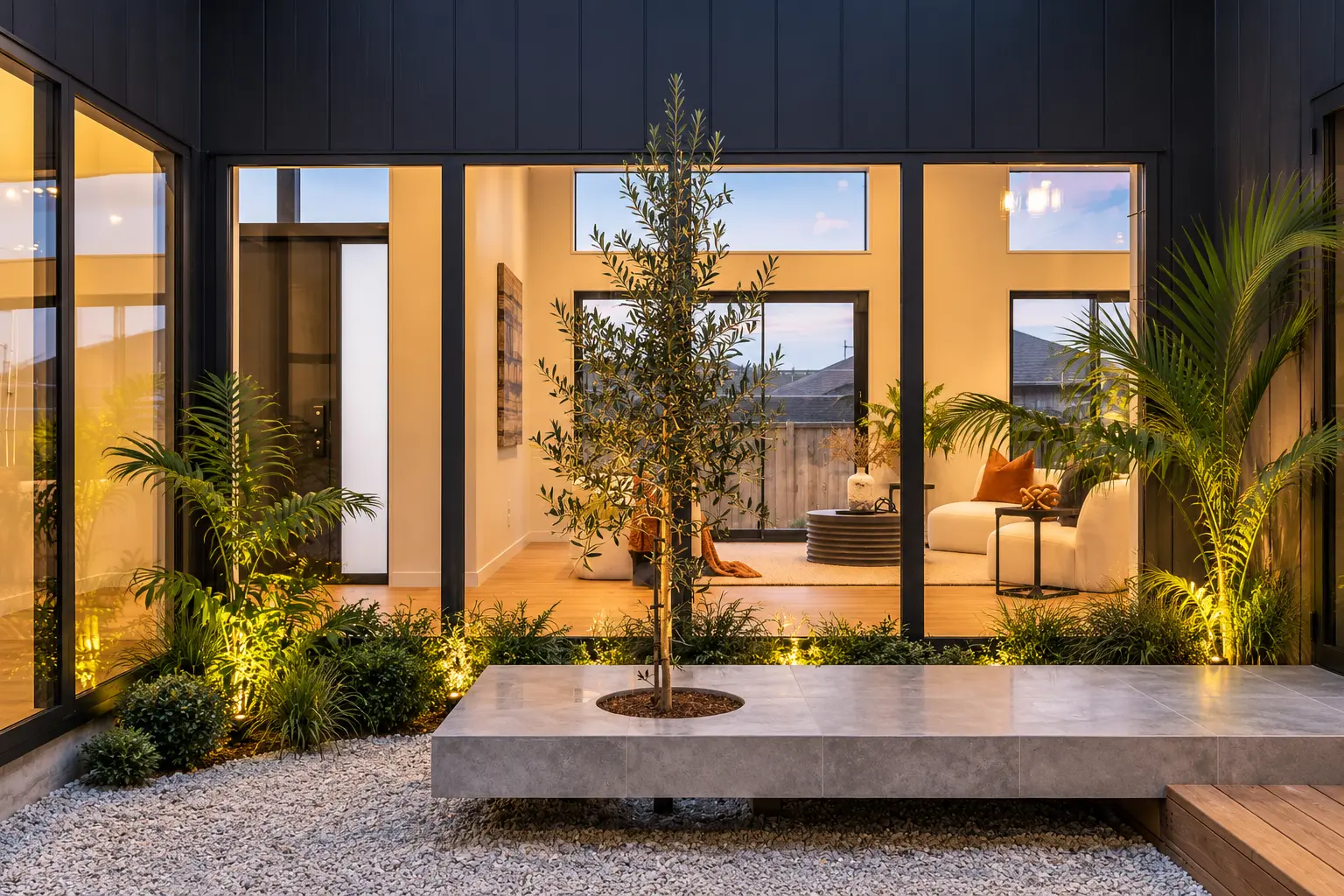Courtyard planting and full-height glazing at dusk