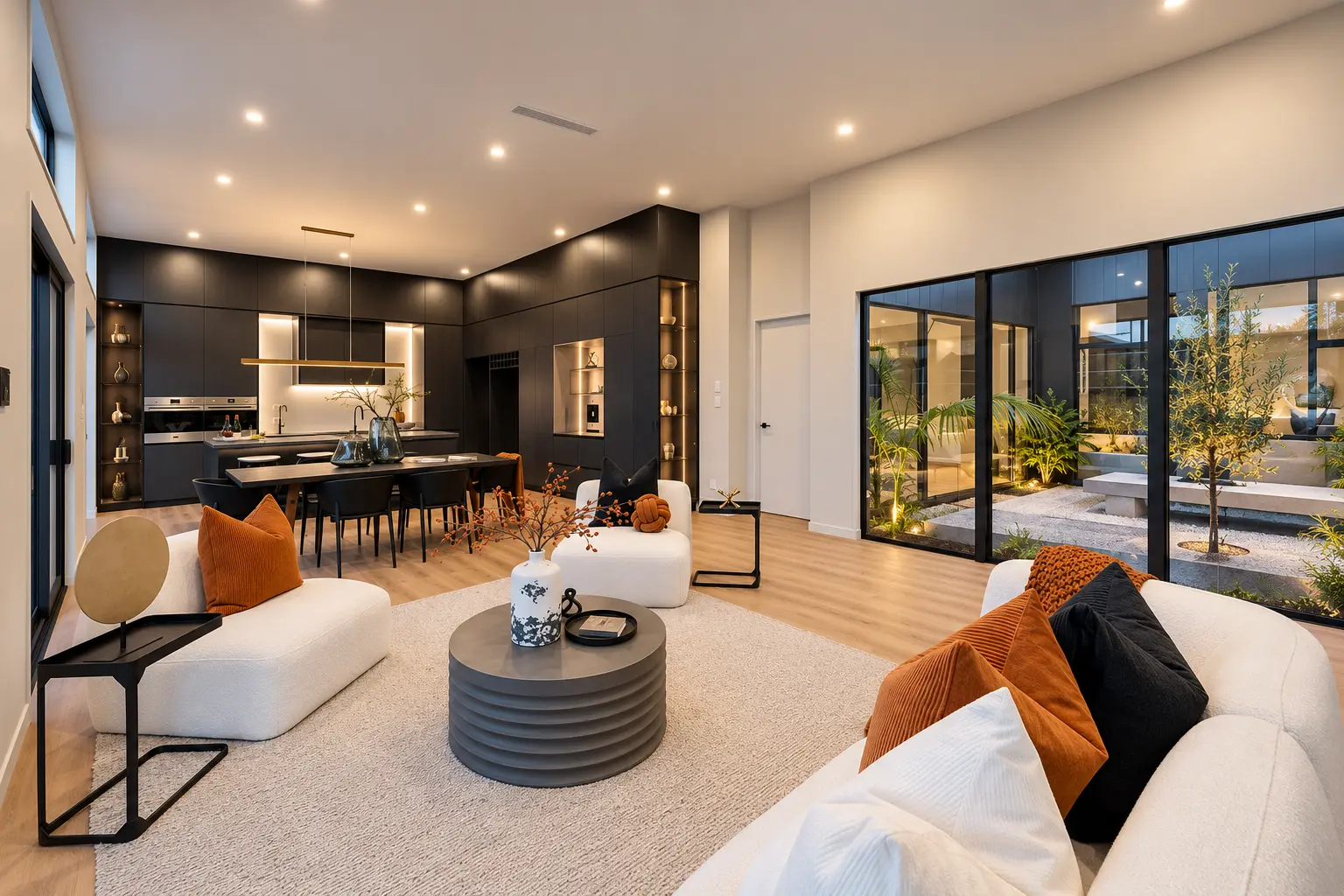 Living room opening toward the landscaped courtyard