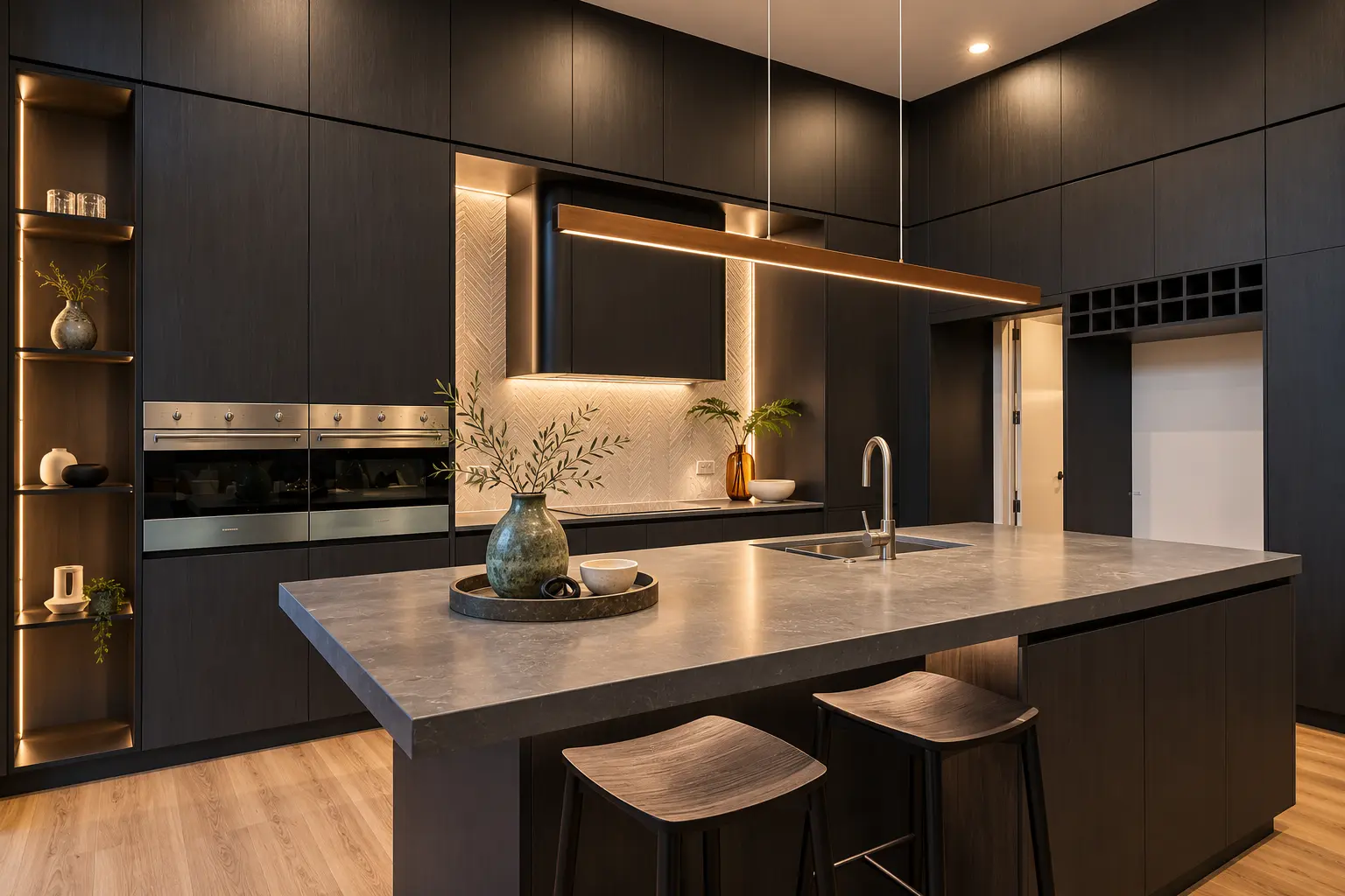 Dark kitchen cabinetry and generous central island