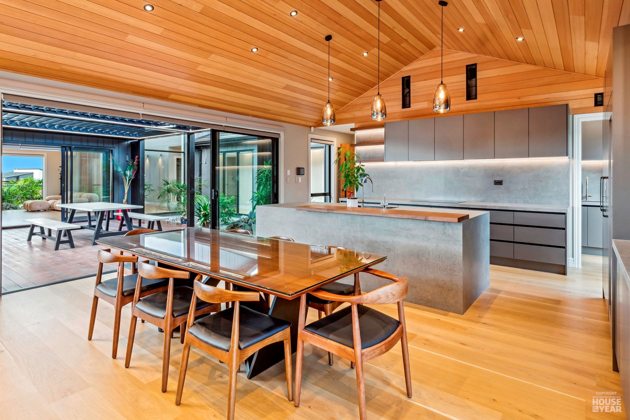 Dining area and kitchen within the 44 Kewa Road residence