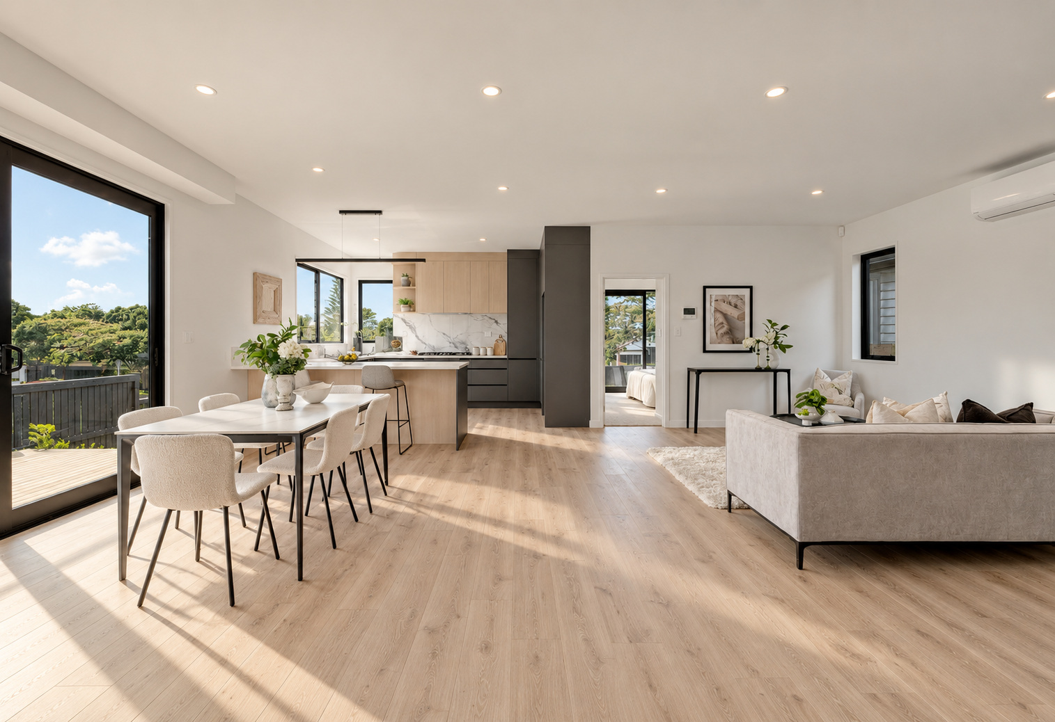 Open-plan living and dining space within a completed home