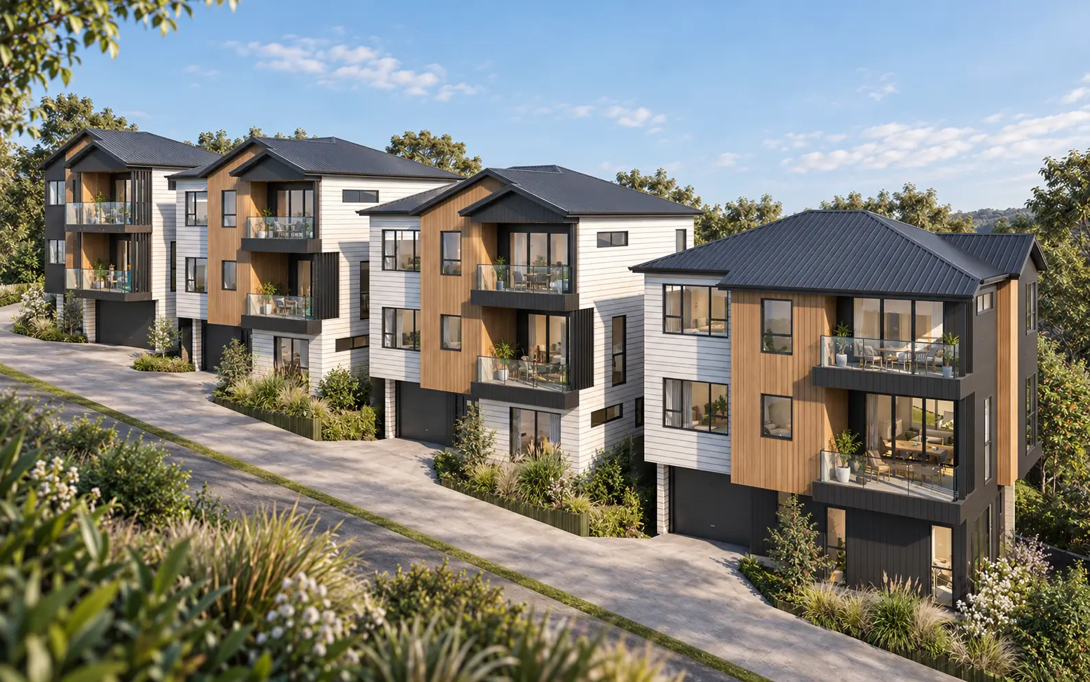 Oblique architectural visualisation of the four homes along the shared accessway